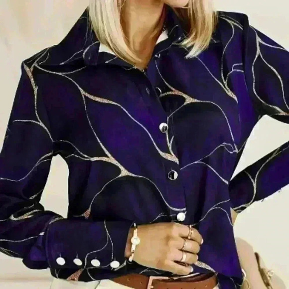 Long Sleeve Button-Down Blouse | Geometric Print | Deep Purple Size XXL/14 - Picture 1 of 7